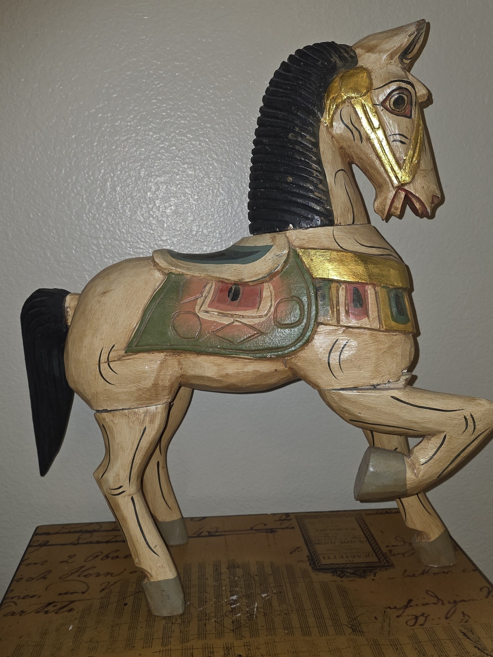 Hand-Carved Beige and Black Decorative Horse Sculpture